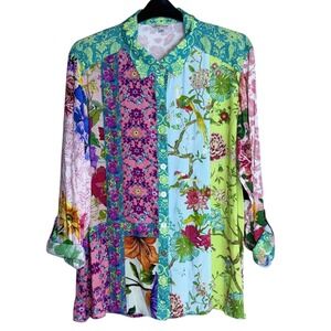 John Mark Womens 1X Spring Time Artsy Peacock Patchwork Shirt NWT